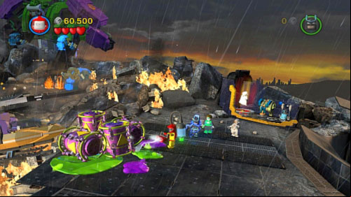 Send Robin to small pool on the right, fill up the tanker with water and use it to clean chemicals on the left side (picture) - Tower Defiance | Walkthrough - Walkthrough - LEGO Batman 2: DC Super Heroes Game Guide & Walkthrough