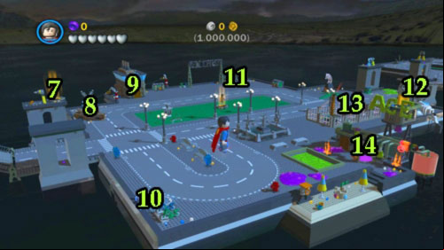 7 - Sensors suit - you can get him using magnetic suit (look at #13 - then move to the pillar on the left side of the bridge, get to the top using blue pipes and fly on the right pillar) or you can use Superman - Bonus level | Walkthrough - Walkthrough - LEGO Batman 2: DC Super Heroes Game Guide & Walkthrough