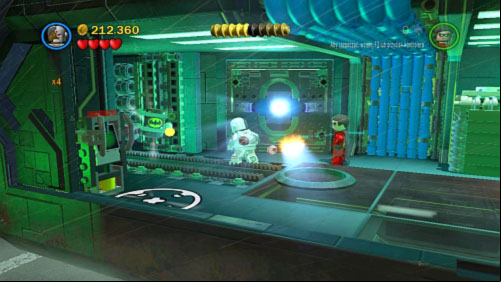 #05 - In this same place, use laser to destroy three golden objects on the doors on left side - Chemical Signature | Minikits - Minikits - LEGO Batman 2: DC Super Heroes Game Guide & Walkthrough