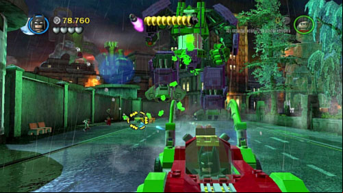 #06 - On the left sidewalk you will find yellow cab - Core Instability | Minikits - Minikits - LEGO Batman 2: DC Super Heroes Game Guide & Walkthrough