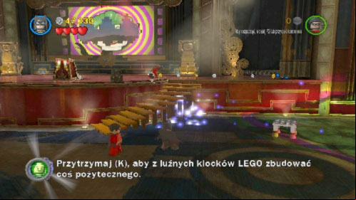 When you gain control over the hero eliminate all enemies in the location (you can also explore the down of the screen where youll find a couple of violet coins) - Theatrical Pursuits | Walkthrough - Walkthrough - LEGO Batman 2: DC Super Heroes Game Guide & Walkthrough