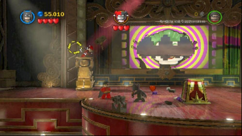 Use them to climb on the stage and start fighting with Harley Quinn - Theatrical Pursuits | Walkthrough - Walkthrough - LEGO Batman 2: DC Super Heroes Game Guide & Walkthrough