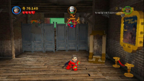 In the next area use hook on one of the grapping under the ceiling, change your hero (press U) and do it the same with him - Theatrical Pursuits | Walkthrough - Walkthrough - LEGO Batman 2: DC Super Heroes Game Guide & Walkthrough