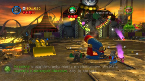 In the next section destroy part of the digger on the left and use bricks to build a cannon and push the green part of the lever (picture) - Harboring a Criminal | Walkthrough - Walkthrough - LEGO Batman 2: DC Super Heroes Game Guide & Walkthrough