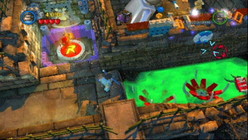Use Robins pole on the hole above the pool with acid (picture), jump onto it and get to the second edge - Arkham Asylum Antics | Walkthrough - Walkthrough - LEGO Batman 2: DC Super Heroes Game Guide & Walkthrough