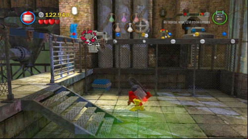 Return to Robin and throw Batarang at silver brick in left top corner (picture) - Chemical Crisis | Walkthrough - Walkthrough - LEGO Batman 2: DC Super Heroes Game Guide & Walkthrough