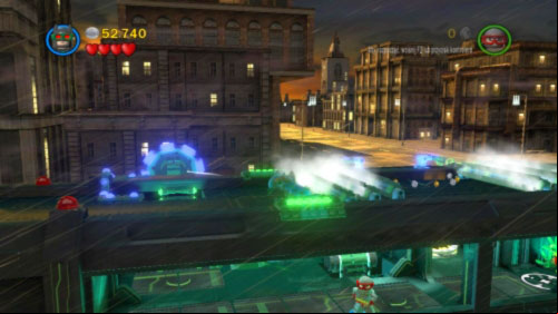 Throw Batarang at violet circle (picture) which will deactivate the camera - Chemical Signature | Walkthrough - Walkthrough - LEGO Batman 2: DC Super Heroes Game Guide & Walkthrough