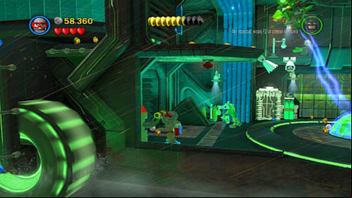 In the room with three electric streams eliminate all enemies and quickly destroy green pipes near chambers - Chemical Signature | Walkthrough - Walkthrough - LEGO Batman 2: DC Super Heroes Game Guide & Walkthrough