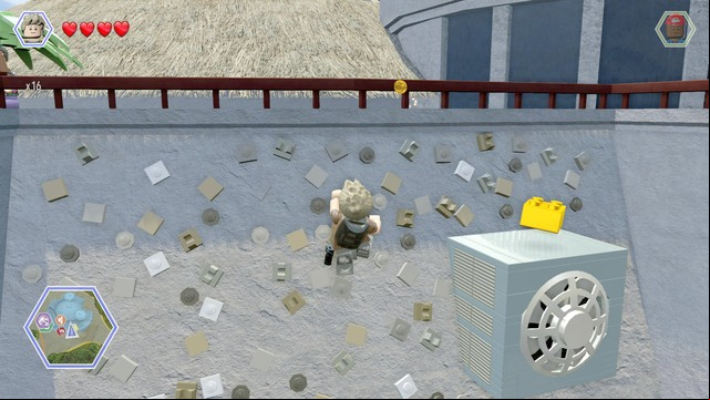At the place shown on the picture you must walk up the roof - Visitors Center | Jurassic Park - secrets in free roam - Jurassic Park - secrets in free roam - LEGO Jurassic World Game Guide & Walkthrough