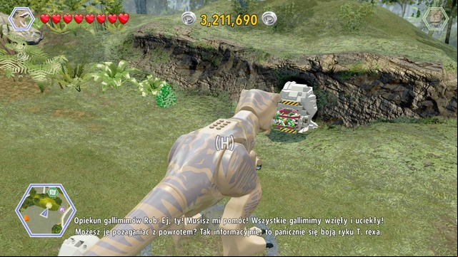 After repairing the dinosaur generator, select the tyrannosaurus and walk to the rock shown on the picture - Gallimimus Territory | Jurassic Park - secrets in free roam - Jurassic Park - secrets in free roam - LEGO Jurassic World Game Guide & Walkthrough