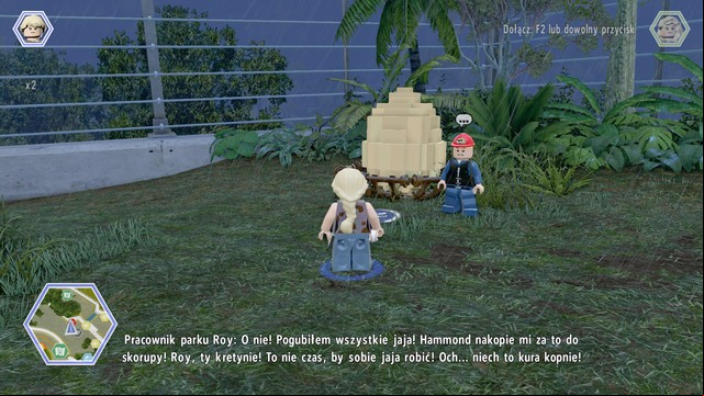 Walk to the place shown on the picture and learn what you must do to help the worker - Carnivore Territory | Jurassic Park - secrets in free roam - Jurassic Park - secrets in free roam - LEGO Jurassic World Game Guide & Walkthrough
