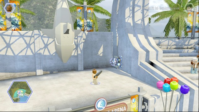 Walk on the stands as Barry and shoot the shield shown on the picture - Mosasaurus Arena | Jurassic World - secrets in free roam - Jurassic World - secrets in free roam - LEGO Jurassic World Game Guide & Walkthrough