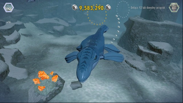 After selecting mosasaurus, swim to the amber bricks shown on the picture and destroy them with a roar - Mosasaurus Arena | Jurassic World - secrets in free roam - Jurassic World - secrets in free roam - LEGO Jurassic World Game Guide & Walkthrough