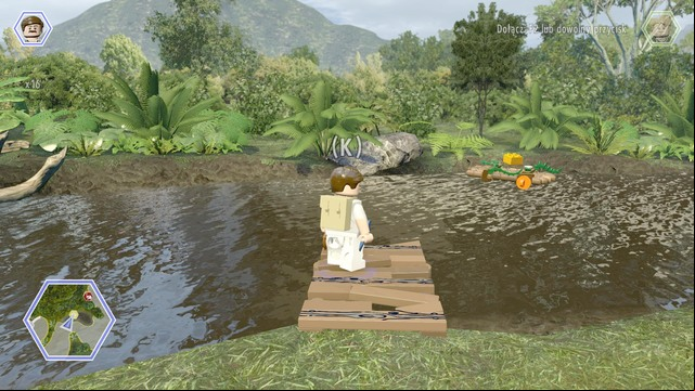 As Paul, walk on the platform and aim at the raft on which the golden brick can be seen - Gyrosphere Valley | Jurassic World - secrets in free roam - Jurassic World - secrets in free roam - LEGO Jurassic World Game Guide & Walkthrough