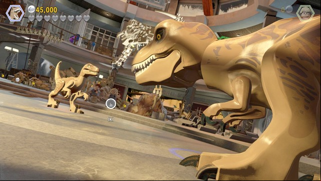 Use the tyrannosaur and tap the displayed buttons to defeat the attacking velociraptor - Visitor center | Jurassic Park - walkthrough - Jurassic Park - walkthrough - LEGO Jurassic World Game Guide & Walkthrough