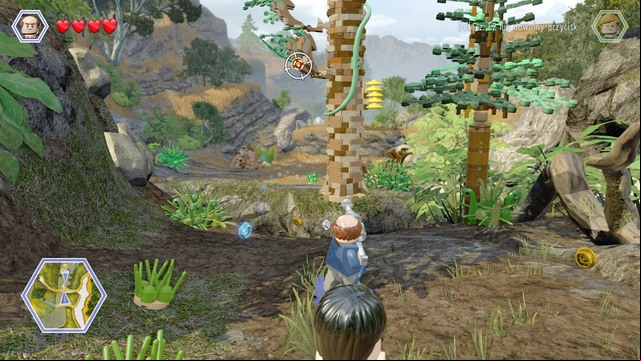 At the next obstacle, which you can see in the screenshot, switch to Eddie and fire the weapon at the target, to release the rope - InGen Arrival | Jurassic Park - The Lost World - walkthrough - Jurassic Park - The Lost World - walkthrough - LEGO Jurassic World Game Guide & Walkthrough