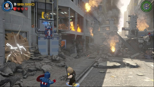When you notice that the elevator had fallen, aim at its upper golden part as Hawkeye - Earths Mightiest - Walkthrough - LEGO Marvels Avengers - Game Guide and Walkthrough