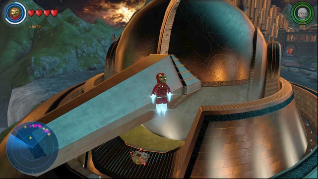 Fly to the air after arriving at Asgard and land on the small platform below - Golden bricks - Asgard - secrets - LEGO Marvels Avengers - Game Guide and Walkthrough