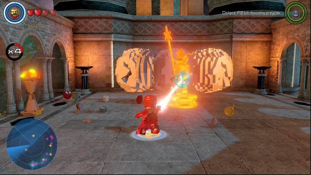 Fly on the tower and destroy the golden stature with Iron Mans lasers - Golden bricks - Asgard - secrets - LEGO Marvels Avengers - Game Guide and Walkthrough