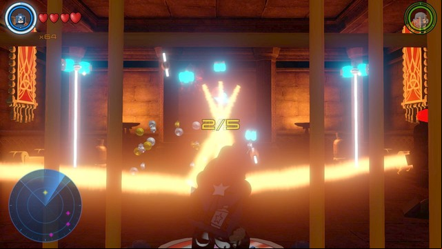 Use the platform to point the laser at the five power generators shown on the picture (the blue objects under the ceiling) - Golden bricks - Asgard - secrets - LEGO Marvels Avengers - Game Guide and Walkthrough