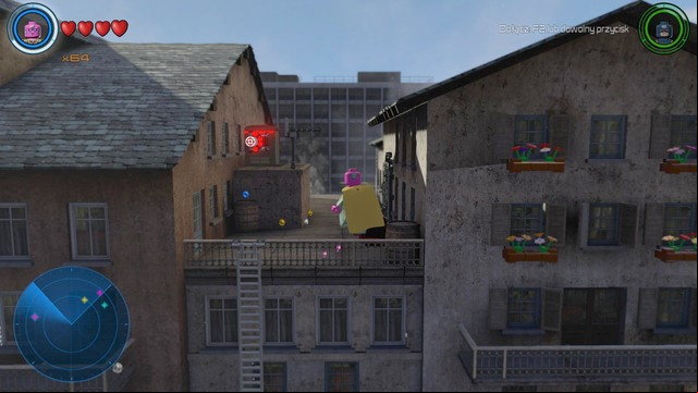 Fly on the roof of the building shown on the picture and shoot the two opposite shields to unlock access to the container - Golden bricks - Sokovia - secrets - LEGO Marvels Avengers - Game Guide and Walkthrough