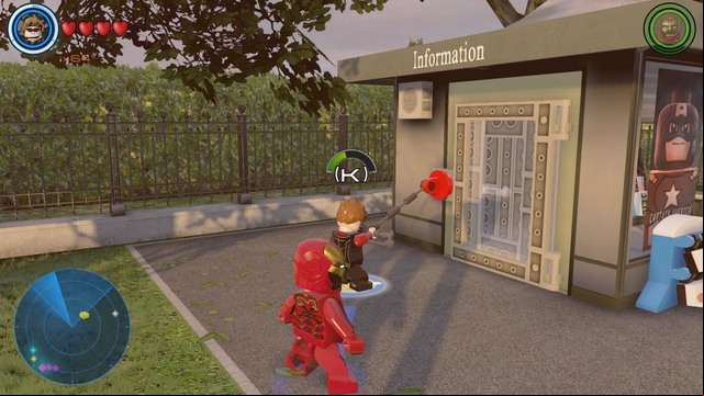 On the left side of the location you will find a small building doors to which can be torn out as Hawkeye - Golden bricks - Washington - secrets - LEGO Marvels Avengers - Game Guide and Walkthrough