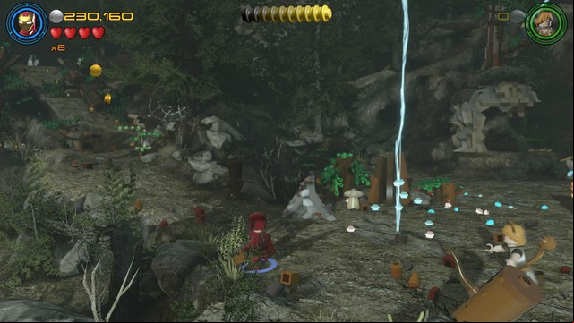 In the place shown on the picture, when Thor is standing on the tree and shooting lightning, go back to the left side - Minikits - Shakespeare in the Park - secrets - LEGO Marvels Avengers - Game Guide and Walkthrough