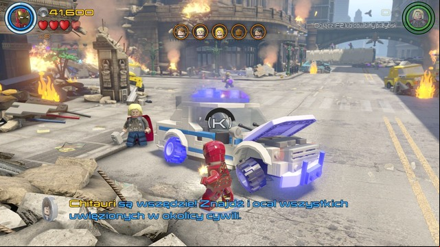 Fifth Minikit is obtained by driving the police car to the place where you can find the knocked over bus (on the other side) - Minikits - Avengers Assemble - secrets - LEGO Marvels Avengers - Game Guide and Walkthrough