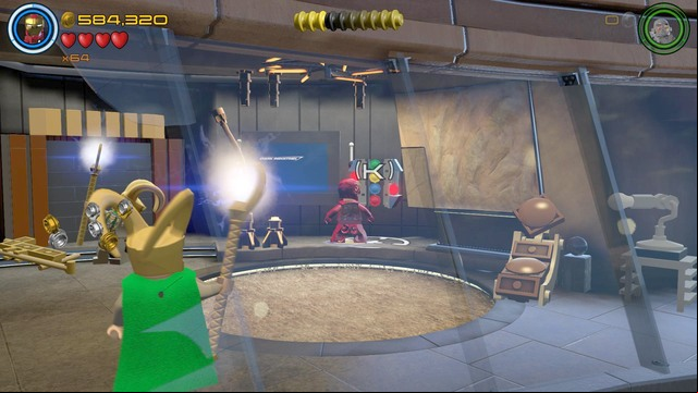 During the battle with Loki in Stark Tower you must walk to the computer shown on the picture as Iron Man - Minikits - Earths Mightiest - secrets - LEGO Marvels Avengers - Game Guide and Walkthrough