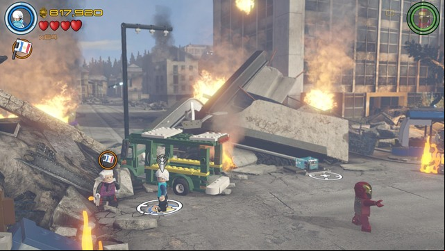Speak with the Collector next to the green truck in order to receive a task - Stan Lee / Red brick - Rise of Ultron - secrets - LEGO Marvels Avengers - Game Guide and Walkthrough
