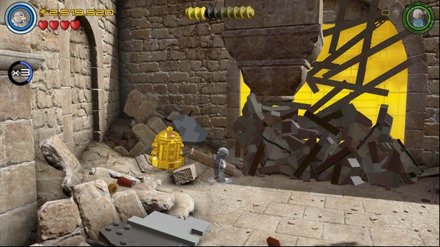 Walk towards the golden container shown on the picture during the first phase of the battle with Ultron and destroy it using the laser - Characters - Ultron Undone - secrets - LEGO Marvels Avengers - Game Guide and Walkthrough