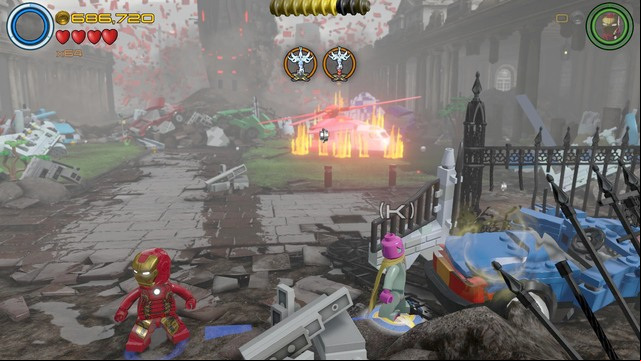 Ahead of the Collector there will be a wreck of the blue car - Stan Lee / Red brick - Lost in the Aether - secrets - LEGO Marvels Avengers - Game Guide and Walkthrough