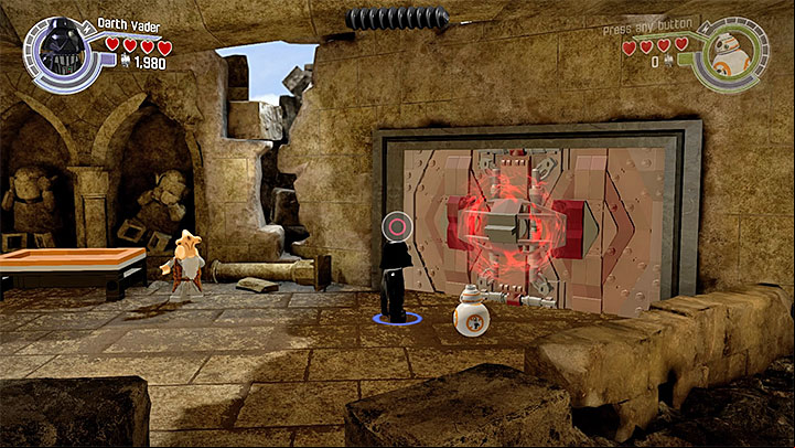 Use the dark side of the Force on the door and then, your lightsaber - Chapter 6 - Battle of Takodana | Minikits and red bricks - Minikits and red LEGO bricks - LEGO Star Wars: The Force Awakens Game Guide