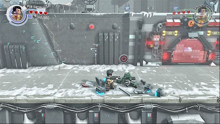 You can build the third post as soon as you manage to distract the large cannon and use grappling hook on the grappling point above, in order to avoid falling into the chasm - Chapter 8 - Starkiller Sabotage | Minikits and red bricks - Minikits and red LEGO bricks - LEGO Star Wars: The Force Awakens Game Guide