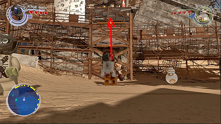 To reach this one, and two other in this area (Carbonite brick 7, additional mission 14), you will have to reach the balconies above - Jakku collectibles & minor missions map - Maps - LEGO Star Wars: The Force Awakens Game Guide