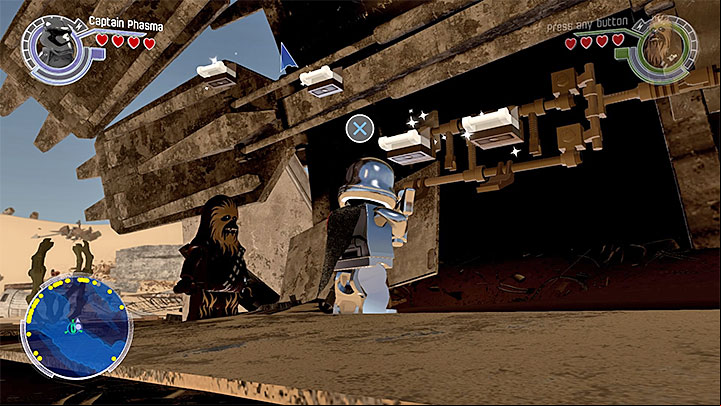This brick is on a small ledge under the ceiling, inside the wreck - Jakku collectibles & minor missions map - Maps - LEGO Star Wars: The Force Awakens Game Guide