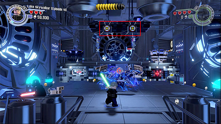 You can, above all else, throw lightsabers towards the shields on top of the screen. - Prologue - The Battle of Endor | Walkthrough - Story Mode - LEGO Star Wars: The Force Awakens Game Guide