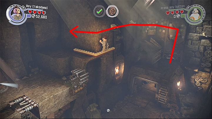 As Rey, catch the new climbing wall near the left upper ledge - Chapter 5 - Mazs Castle | Walkthrough - Story Mode - LEGO Star Wars: The Force Awakens Game Guide