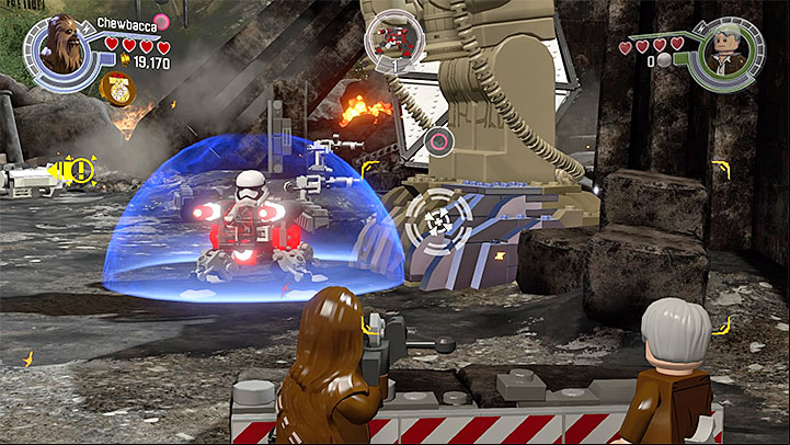 Scan the statue and drop one of Chewbaccas bombs there - Chapter 6 - Battle of Takodana | Walkthrough - Story Mode - LEGO Star Wars: The Force Awakens Game Guide