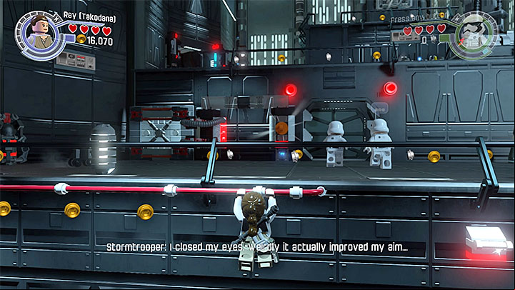 Move left, while hanging, up until the moment that you reach the end of the balustrade - Chapter 9 - Destroy Starkiller Base | Walkthrough - Story Mode - LEGO Star Wars: The Force Awakens Game Guide