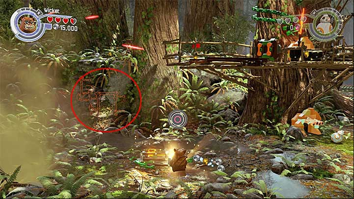 Construct a climbing wall and interact with it with, for instance, Wicket. - Prologue - The Battle of Endor | Minikits and red bricks - Minikits and red LEGO bricks - LEGO Star Wars: The Force Awakens Game Guide