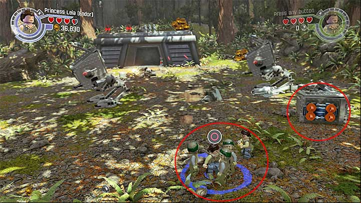 You must order the workers to grab onto the handles. - Prologue - The Battle of Endor | Minikits and red bricks - Minikits and red LEGO bricks - LEGO Star Wars: The Force Awakens Game Guide
