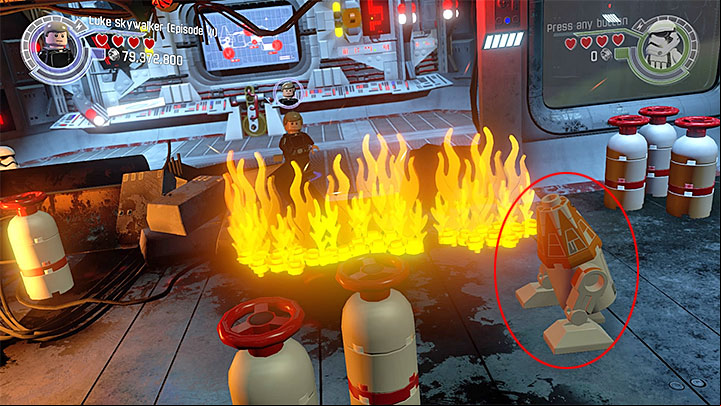 You can destroy the second droid after putting the fire out - Trouble Over Taul | Minikits and red bricks - Minikits and red LEGO bricks - LEGO Star Wars: The Force Awakens Game Guide