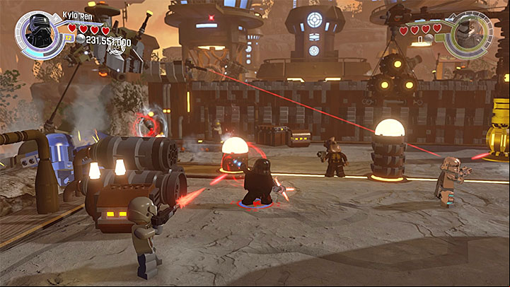 Shoot down the enemy flying machine by helping yourself with the Force - Ottegan Assault | Minikits and red bricks - Minikits and red LEGO bricks - LEGO Star Wars: The Force Awakens Game Guide