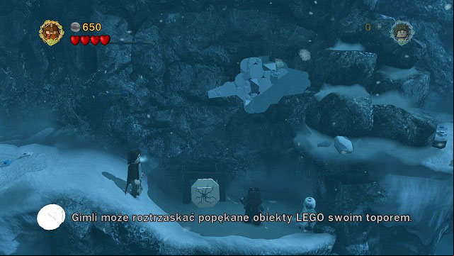 On the other side of the deep snow you will find a broken LEGO tile which Gimli can break to pieces with his axe - The of Caradhras - Walkthrough - Act I - LEGO The Lord of the Rings - Game Guide and Walkthrough