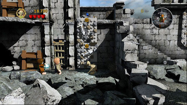 Your newly gained team member can climb walls marked with fish bones - Osgiliath - Walkthrough - Act II - LEGO The Lord of the Rings - Game Guide and Walkthrough