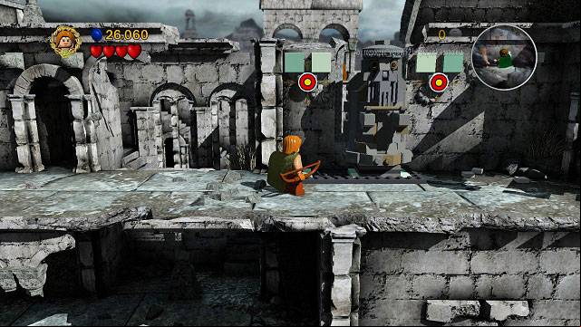 Go up the stairs and shoot the two targets - Osgiliath - Walkthrough - Act II - LEGO The Lord of the Rings - Game Guide and Walkthrough
