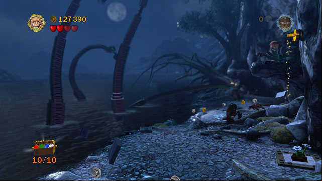 As you're fighting the monster, use the rope on the hook in the right side of the arena, climb up and destroy the plant - The of Caradhras - Collectibles - LEGO The Lord of the Rings - Game Guide and Walkthrough