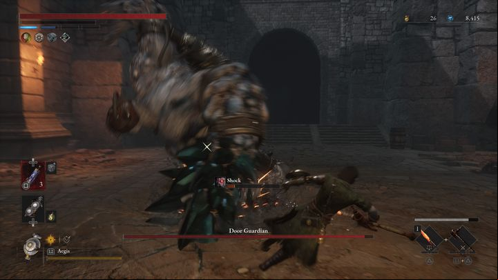 The next time you deal a lot of damage to him, he will fall on his abdomen to the ground - Lies of P: How to defeat the Door Guardian boss? - Main - Lies of P Guide