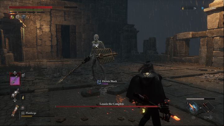If her weapon is electrified and she raises it in the air, she will perform a strong attack, moving behind your back - Lies of P: How to defeat Laxasia The Complete boss? - Main - Lies of P Guide